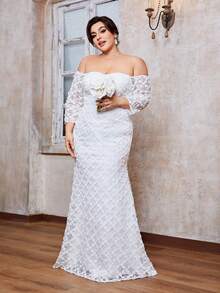 Plus Size Off Shoulder Romantic Embroidered Long Sleeve Fishtail Hem Wedding Dress - White - View 3
