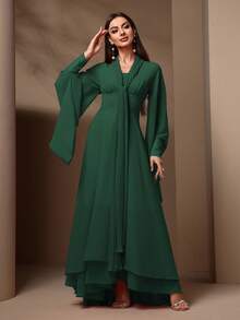 Women Summer Plain Long Flare Sleeve Elegant Dress - Dark Green - View 6