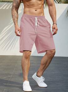 Manfinity Homme Men Plus Size Summer Solid Color Casual Shorts With Elastic Drawstring Waist - Pink - View 5