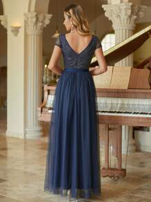 Dusty Blue Embroidered Wedding Guest Dress Women Elegant Bridesmaid Gown With Flowy Skirt - 藏蓝色 - 查看 6