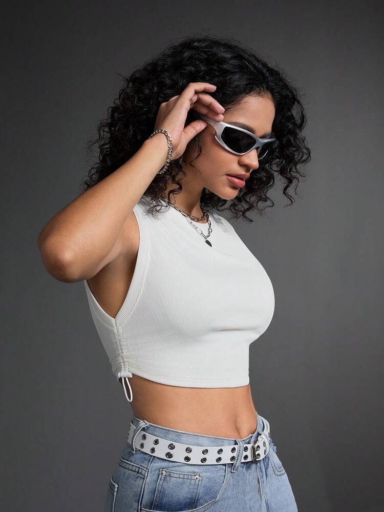 Summer Casual Solid Color Drawstring Side Slim Crop Top