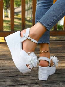 Sandalias de plataforma con tacón grueso y decoración de flores de moda en blanco para mujer con hebilla - Blanco - Ver 5