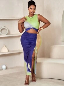 Vestido de tirantes con cordón y estampado al azar de colores