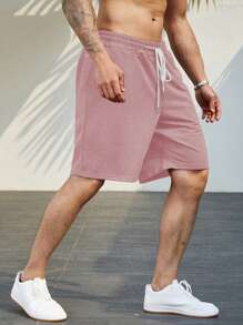 Manfinity Homme Men Plus Size Summer Solid Color Casual Shorts With Elastic Drawstring Waist - Pink - View 7