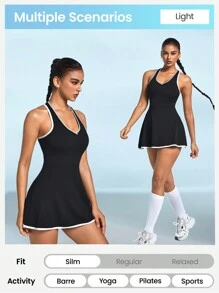 Lifespree Vestido deportivo sensual para mujeres sin espalda con cuello en V plano entrecruzado de máquina, conjunto de tenis para mujer - Negro - Ver 5