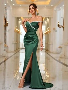 New Off Shoulder Ruffle Fishtail Hem High Slit Formal Dress, Spring/Summer - Dark Green - View 7