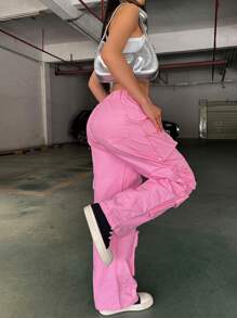 Casual Faded Denim Effect Pocket Design Music Festival Washed Cargo Pants - 粉色 - 查看 2