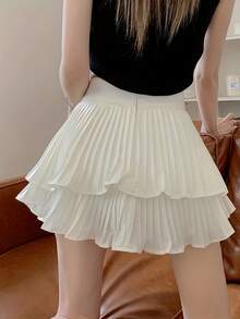 Women's Elegant Pleated Double Ruffle Hem A-Line Skirt, Summer