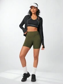 Streetz SHEIN Sport 女士夏季高腰純色運動摩托車短褲 - 軍綠色 - 查看 5