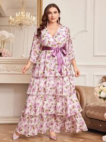 Plus Size Women Floral Print Multi-Layer Ruffle Hem Formal Evening Dress - Purple - View 4