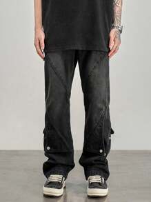 Jeans a gamba larga e colore solido da uomo con design lavato e logorato