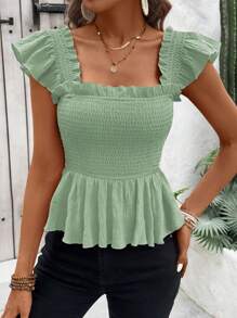 SHEIN LUNE Áo sơ mi peplum cổ vuông tay lửng màu trơn cho nữ mùa hè - màu xanh lá - Xem 4