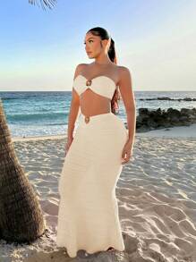 SHEIN SXY 女士夏季二件套裝：波紋紋理繩頸背心上衣和圓形腰帶高腰人魚裙 - 米色 - 查看 5