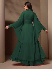 Women Summer Plain Long Flare Sleeve Elegant Dress - Dark Green - View 2