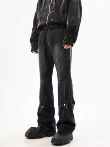 Jeans a gamba larga e colore solido da uomo con design lavato e logorato