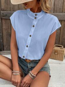 EMERY ROSE Women's Summer Stand Collar Single-Breasted Batwing Sleeve Loose Casual Shirt,Short Sleeve Tops