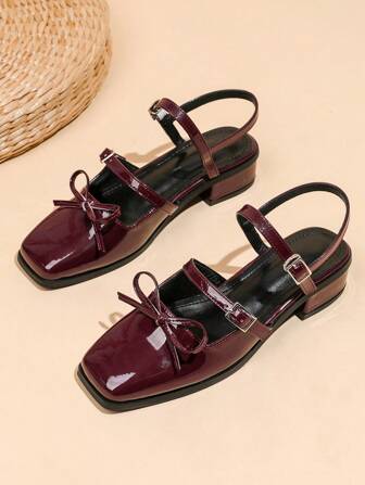 2025秋冬新款女士方头玛丽珍鞋，栗色，搭扣闭合，低鞋面，后跟带凉鞋，粗跟，蝴蝶结装饰，高跟鞋，优雅，女士浅口鞋，芭蕾舞鞋