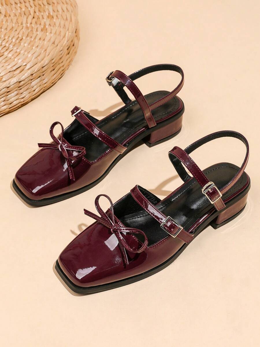 2025秋冬新款女士方头玛丽珍鞋，栗色，搭扣闭合，低鞋面，后跟带凉鞋，粗跟，蝴蝶结装饰，高跟鞋，优雅，女士浅口鞋，芭蕾舞鞋