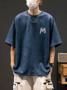男士字母图案落肩T恤，秋季 - 藏蓝色 - 查看 4
