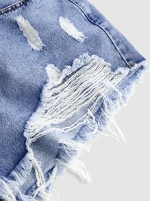 SHEIN CURVE+ 大尺碼女士牛仔短褲，休閒性感撕裂邊褶邊藍色 - 藍色 - 查看 4