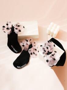 1pair Polka Dot Bowknot Mid-Calf Socks And 1pc Hairband Set For Girls - Black - View 2
