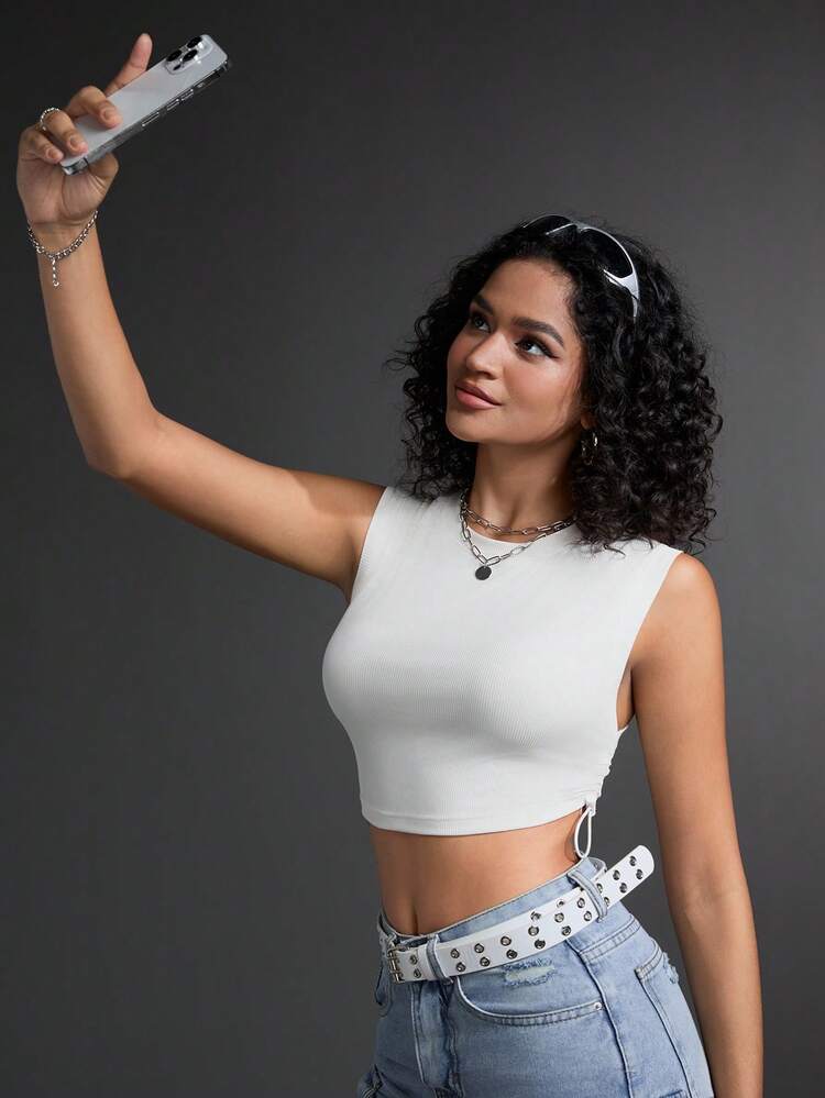 Summer Casual Solid Color Drawstring Side Slim Crop Top