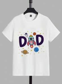 SHEIN Men's Summer Letter And Rocket Print Round Neck Casual Short Sleeve T-Shirt - White - View 3