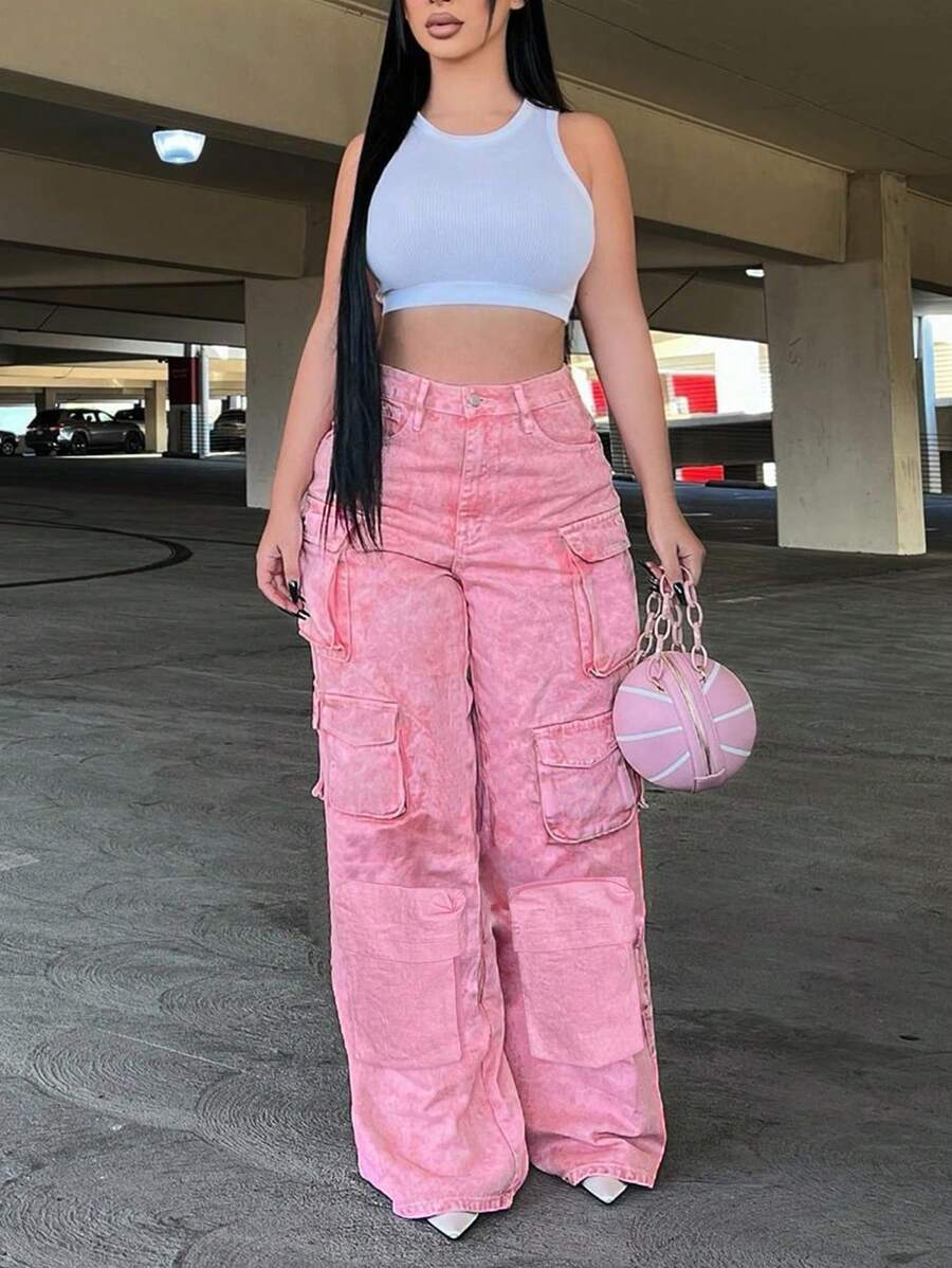 Casual Faded Denim Effect Pocket Design Music Festival Washed Cargo Pants - 粉色 - 查看 1