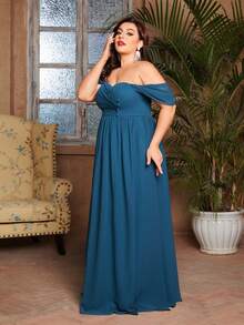 Plus Size Women Off Shoulder Ruched Chiffon High-Low Bridesmaid Dress - Blue - View 3