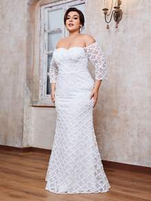 Plus Size Off Shoulder Romantic Embroidered Long Sleeve Fishtail Hem Wedding Dress - White - View 5