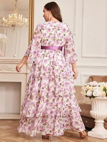 Plus Size Women Floral Print Multi-Layer Ruffle Hem Formal Evening Dress - Purple - View 2