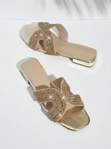 SHUZIA Women Square Toe Low Heel Golden H-Shaped Fashionable Flat Sandals