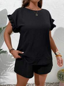 EMERY ROSE Plus Size Women's Lace Batwing Sleeve Top And Shorts Set, Summer Outfits,Flower/Vacation/Spring - Black - View 5