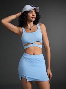 SHEIN Sport Gameset Women's Plain Hollow Out Crop Top And Skort Sports Set