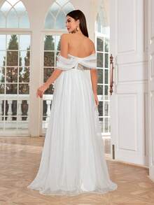 Mgiacy Elegant Off Shoulder Ruched Embroidered Lace Splicing Sheer Chiffon A-Line Bridal Shower Dress - White - View 2