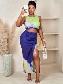 Vestido de tirantes con cordón y estampado al azar de colores