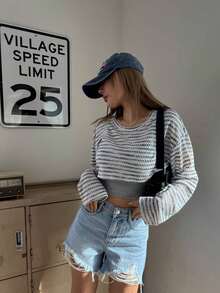 DAZY Ladies' Short Rib Striped Pullover With Round Neck - Multicolor - View 8