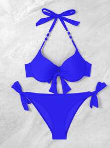 Conjunto de bikini acolchado y con aros separados, liso, para la playa de verano - azul real - Ver 3