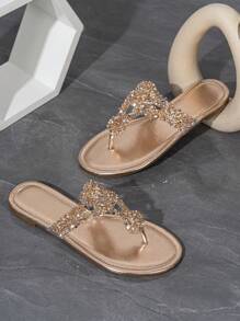 Women's Casual Elegant Fashionable Champagne-Colored Flat Sandals With Glass Rhinestones Valentines,Spring Summer Outfits - Champagne - View 3