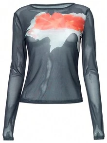 Women's Floral Print Round Neck Long Sleeve Mesh T-Shirt, Spring/Summer - Navy Blue - View 4