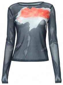Women's Spring/Summer Floral Print Mesh Long Sleeve T-Shirt With Round Neck