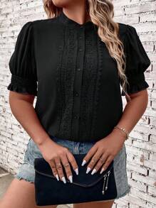 EMERY ROSE Áo sơ mi nữ tay bồng màu trơn cổ đứng cỡ lớn mùa hè ren tương phản - màu đen - Xem 3