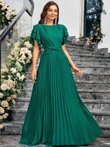 Đầm phù dâu thanh lịch cổ tròn nhiều lớp tay bèo nhún xếp ly viền eo xoắn dài maxi cho nữ - màu xanh lá - Xem 1