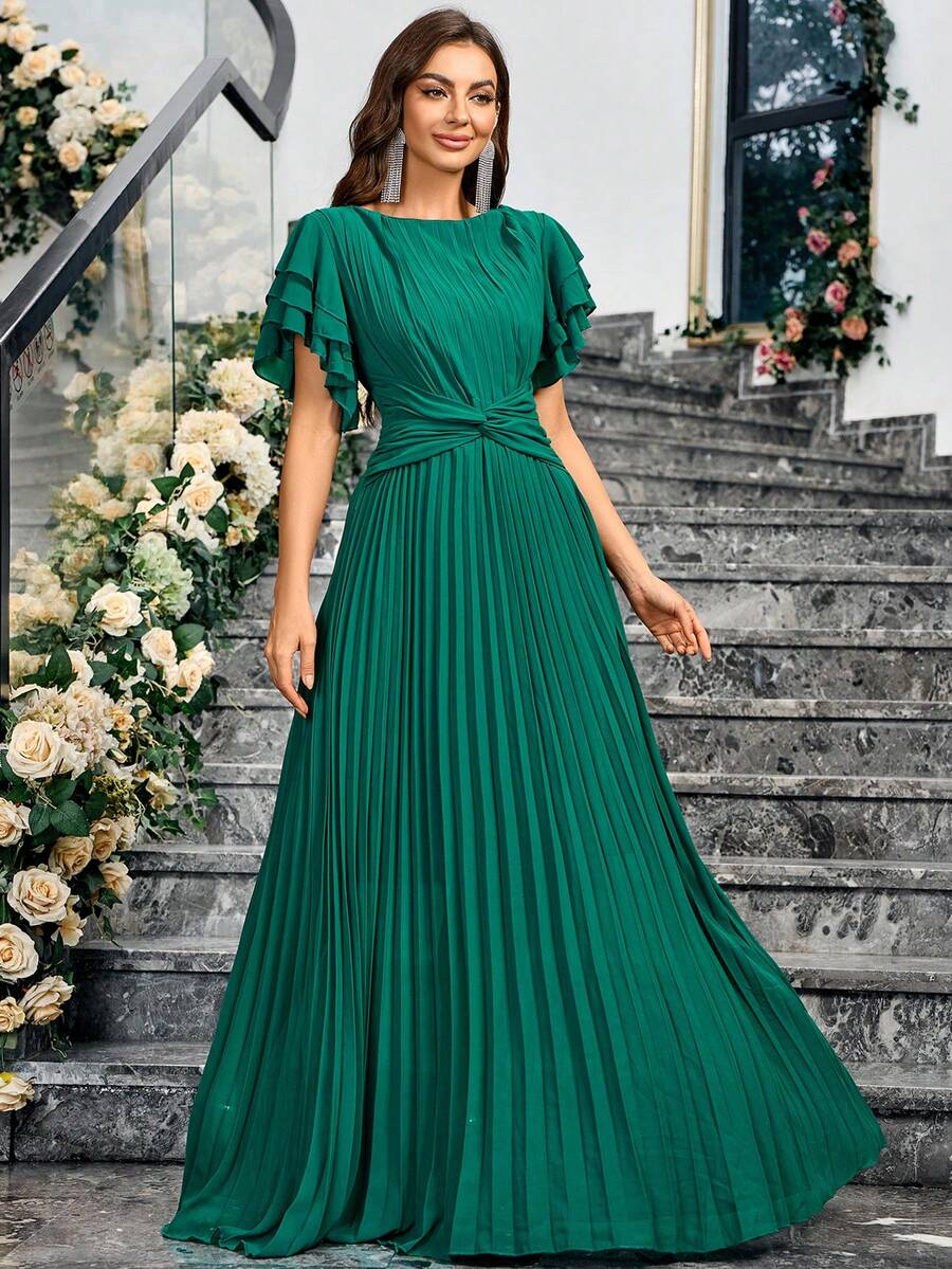 Đầm phù dâu thanh lịch cổ tròn nhiều lớp tay bèo nhún xếp ly viền eo xoắn dài maxi cho nữ - màu xanh lá - Xem 1