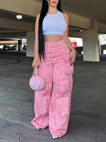 Casual Faded Denim Effect Pocket Design Music Festival Washed Cargo Pants - 粉色 - 查看 4