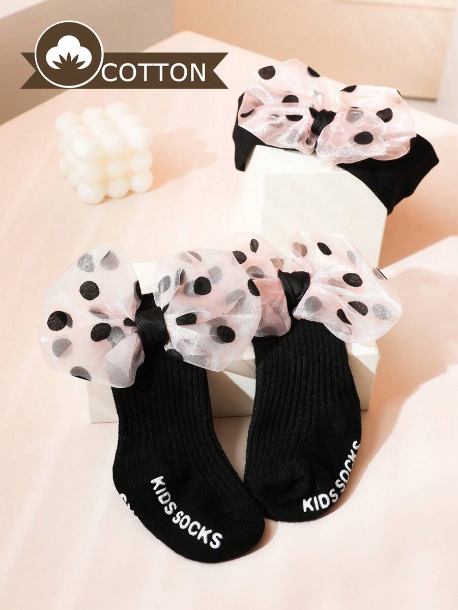 1pair Polka Dot Bowknot Mid-Calf Socks And 1pc Hairband Set For Girls - Black - View 1