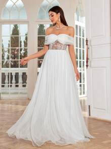 Mgiacy Elegant Off Shoulder Ruched Embroidered Lace Splicing Sheer Chiffon A-Line Bridal Shower Dress - White - View 1