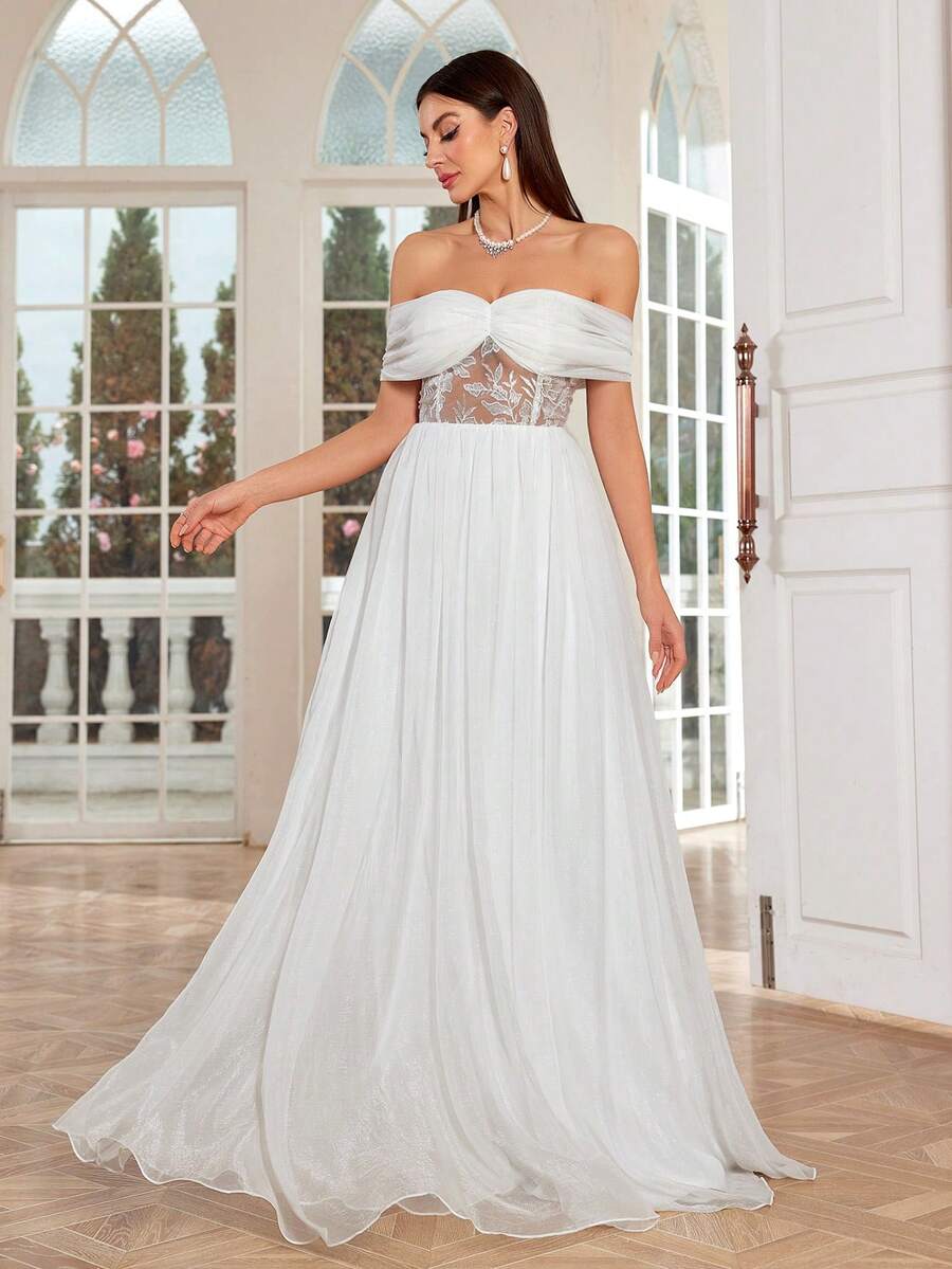 Mgiacy Elegant Off Shoulder Ruched Embroidered Lace Splicing Sheer Chiffon A-Line Bridal Shower Dress - White - View 1