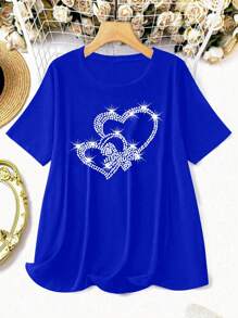 Camiseta gráfica casual de manga corta con cuello redondo, estampado de corazones de rhinestone para mujer de talla grande