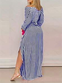 Striped Mid-Sleeve Maxi Shirt Dress, Loose - Blue and White - View 2